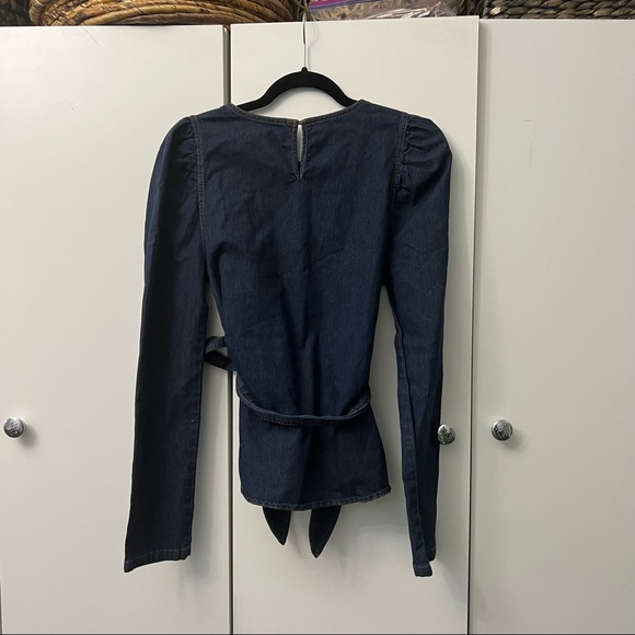 Dark Wash Denim Puff-Sleeve Long Belted Contrast Stitching Shirt Top Blouse Sz M - Picture 9 of 14